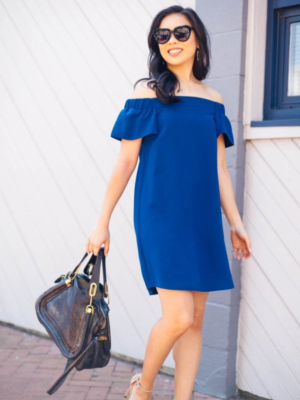 Topshop Petite Blue Off The Shoulder Bardot Ruffle Trapeze Shift Dress Size 4